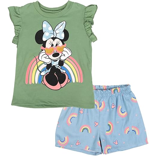 Disney Minnie Mouse Rainbow Floral T-Shirt and Chambray Shorts Outfit Set Infant to Big Kid Sizes (12 Months - 14-16)