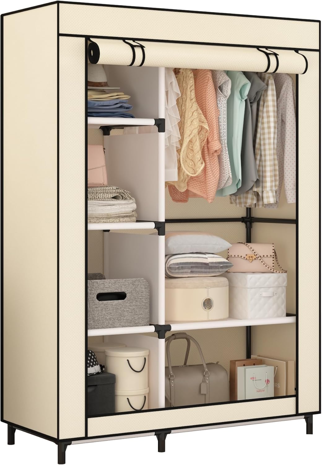 Portable Closet Organizers, Clothing Storage, Wardrobe with 6 Shelves and Hanging Rod, Non-Woven Fabric Cover with 4 Side Pockets, Beige