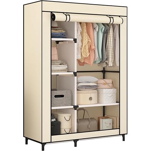 Portable Closet Organizers, Clothing Storage, Wardrobe with 6 Shelves and Hanging Rod, Non-Woven Fabric Cover with 4 Side Pockets, Beige