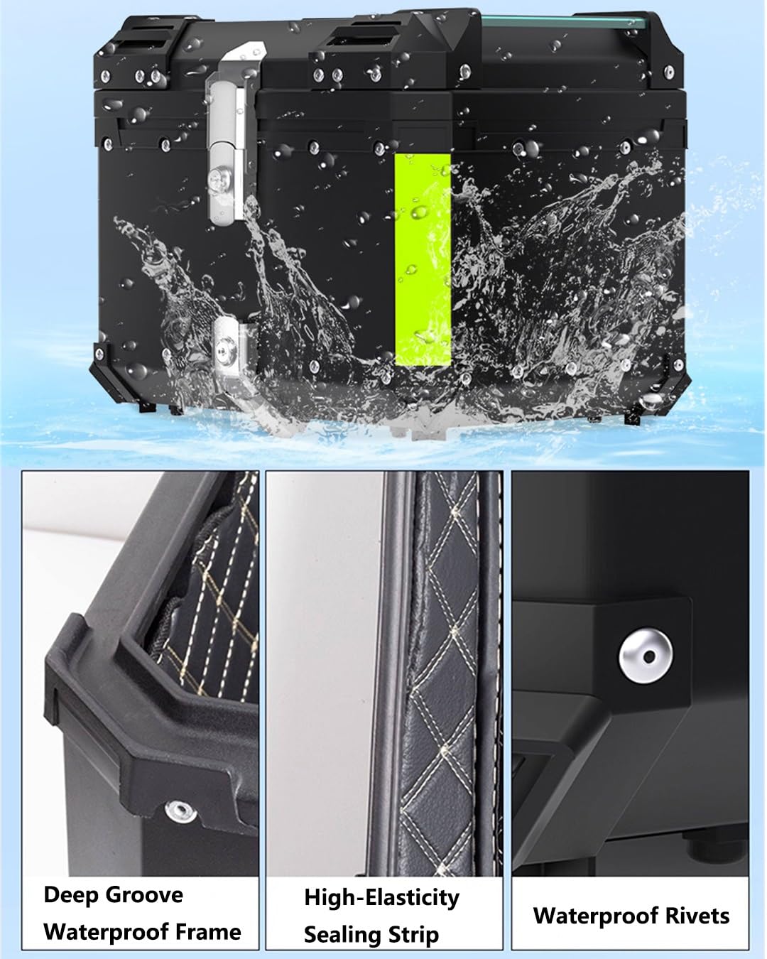 Baúl De Aluminio Para Moto 45L Impermeable, Carcasa Reforzada Resistente A Impactos, Con Cerradura De Seguridad, Placa De Montaje Universal Y Respaldo, Para Viajes Y Uso Diario(Negro,42*37*33cm/45L)