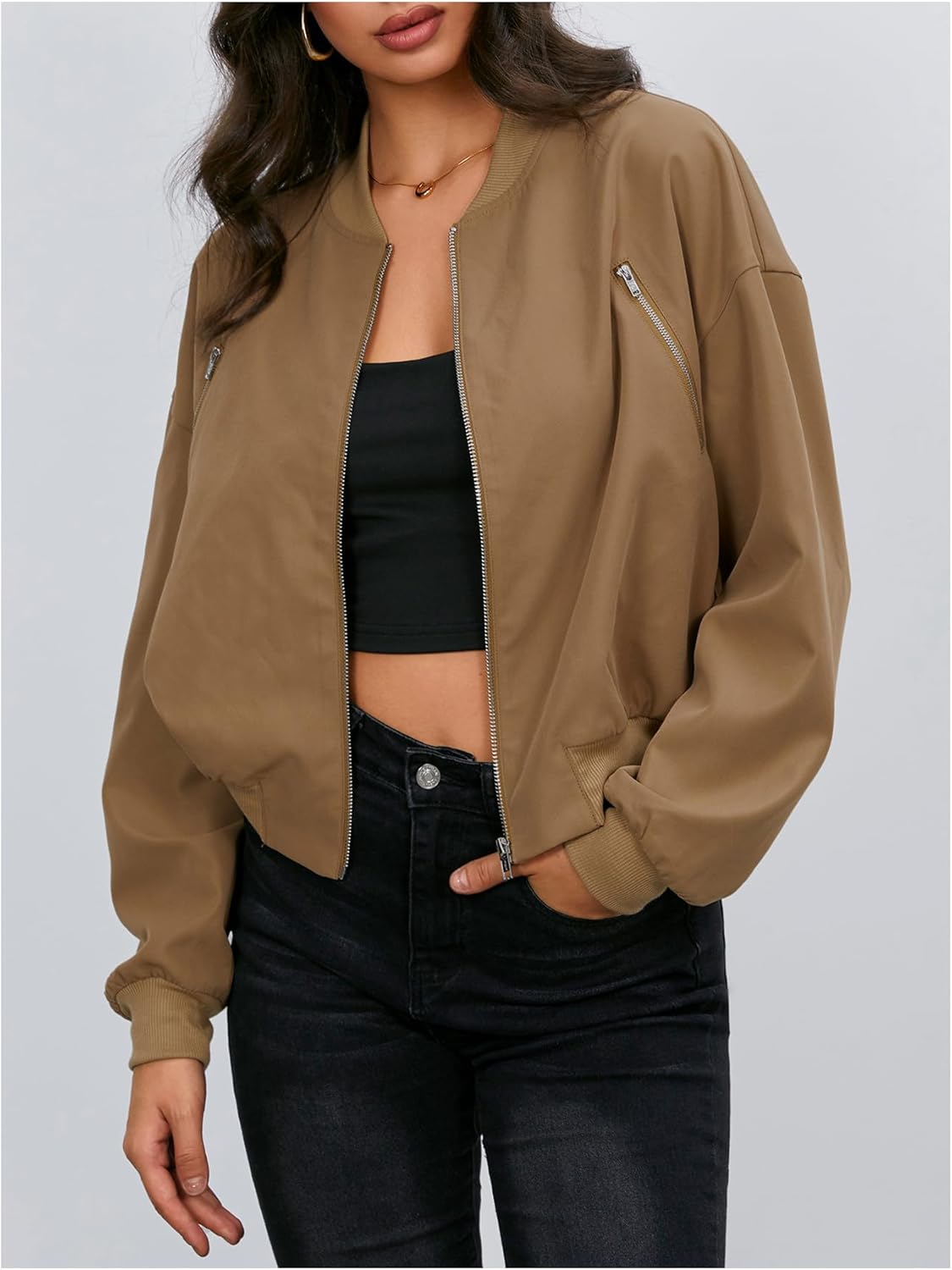 Verdusa Women's Cropped Bomber Jackets Casual Lightweight Jacket Zip Up Long Sleeve Coat Fall Jacket - Image 4