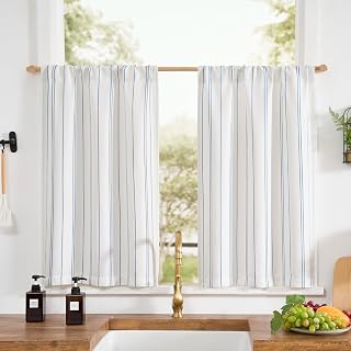 jinchan Striped Kitchen Curtains 24 Inches Linen Look Cafe Curtains Modern Farmhouse Tiers for Living Room Bathroom RV Small Windows Light Filtering Rod Pocket 2 Panels Blue on White