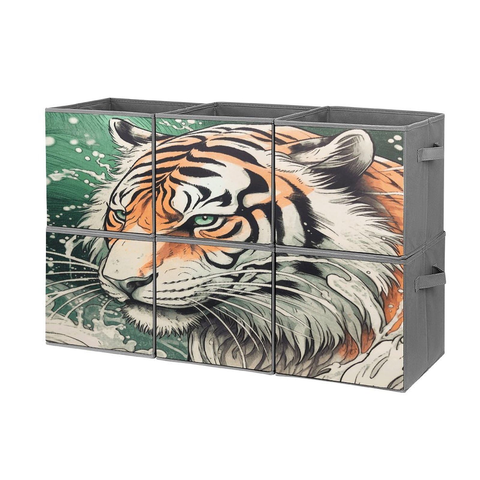 Btcowzrv Style A Hand Drawn Tiger Storage Cubes, 6 Pack Oxford Fabric Foldable Collapsible Bins With Handles, Cubby Storage Baskets Boxes For Closet Shelves Office Organization
