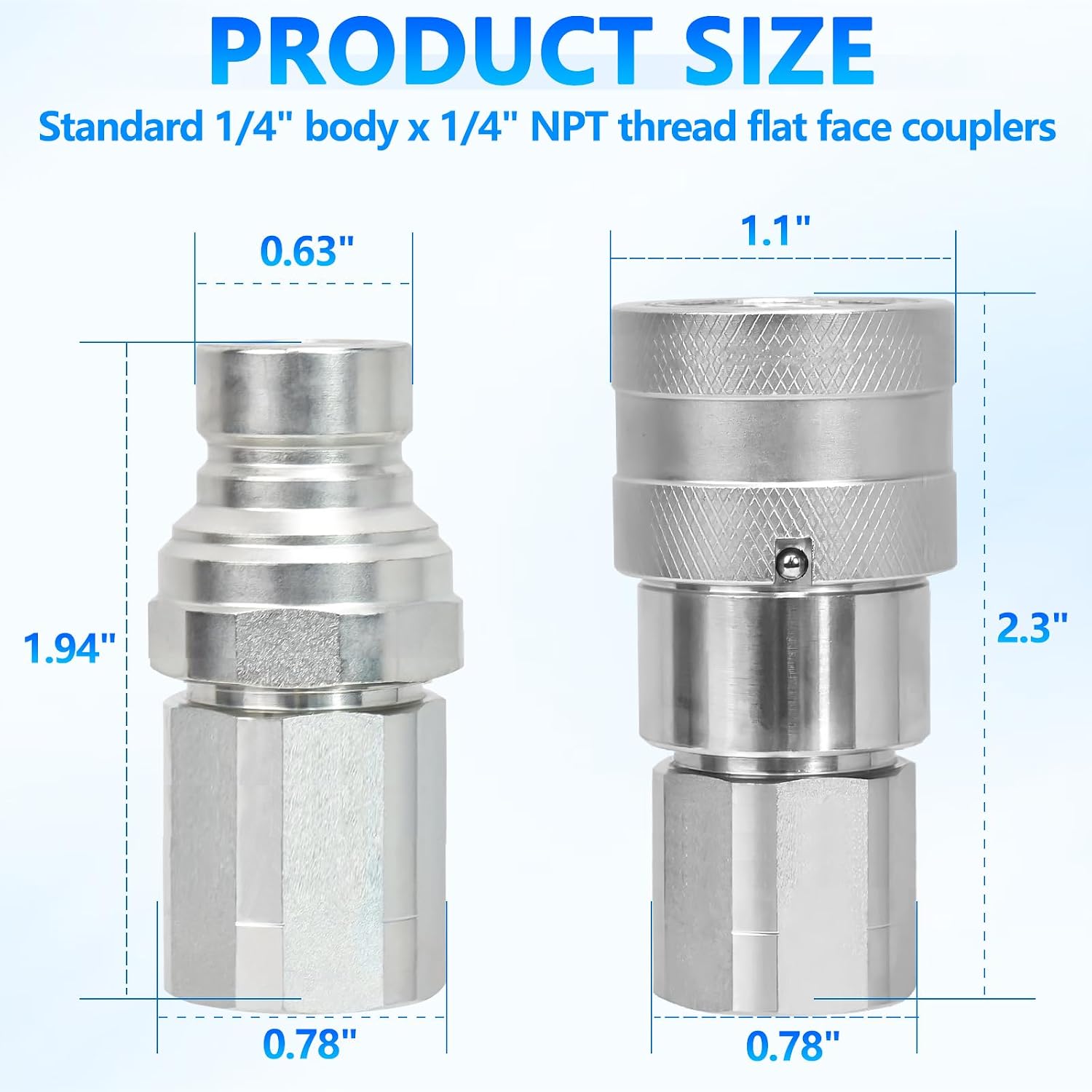 1/4’’ NPT Flat Face Hydraulic Quick Connect Couplers/Couplings with Dust Caps, The Universal Bobcat Flat Face Quick Connect Fittings with with 1/4" Body ISO 16028 Standard-2Set
