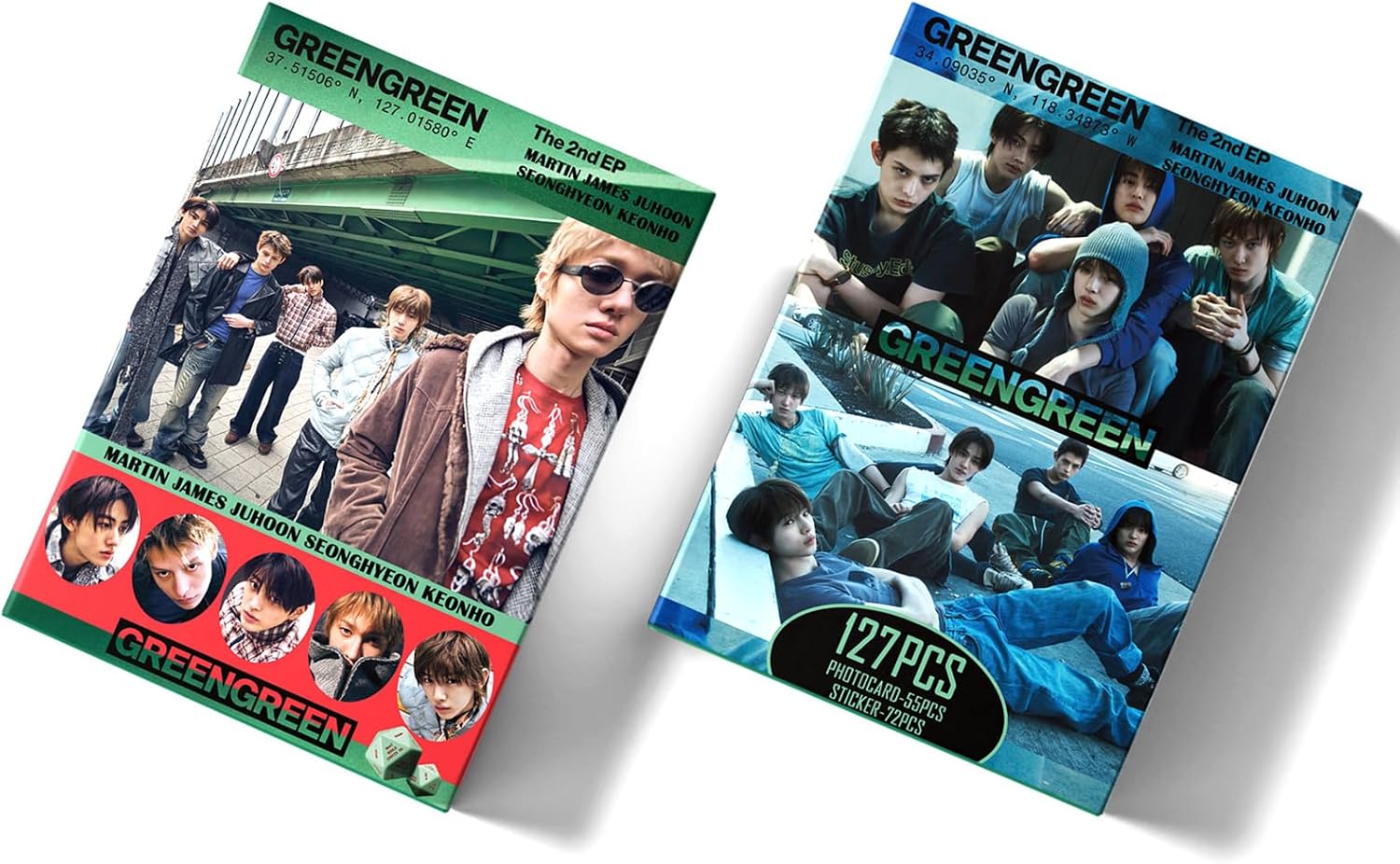 127pcs KPOP Photocards GREENGREEN Photo Cards 55pcs Photocards and 72pcs Mini Stickers REDRED Album Lomo Gift for Fans 2026 Greetings Cards MARTIN JAMES JUHOON SEONGHYEON KEONHO Merch (GREENGREEN)