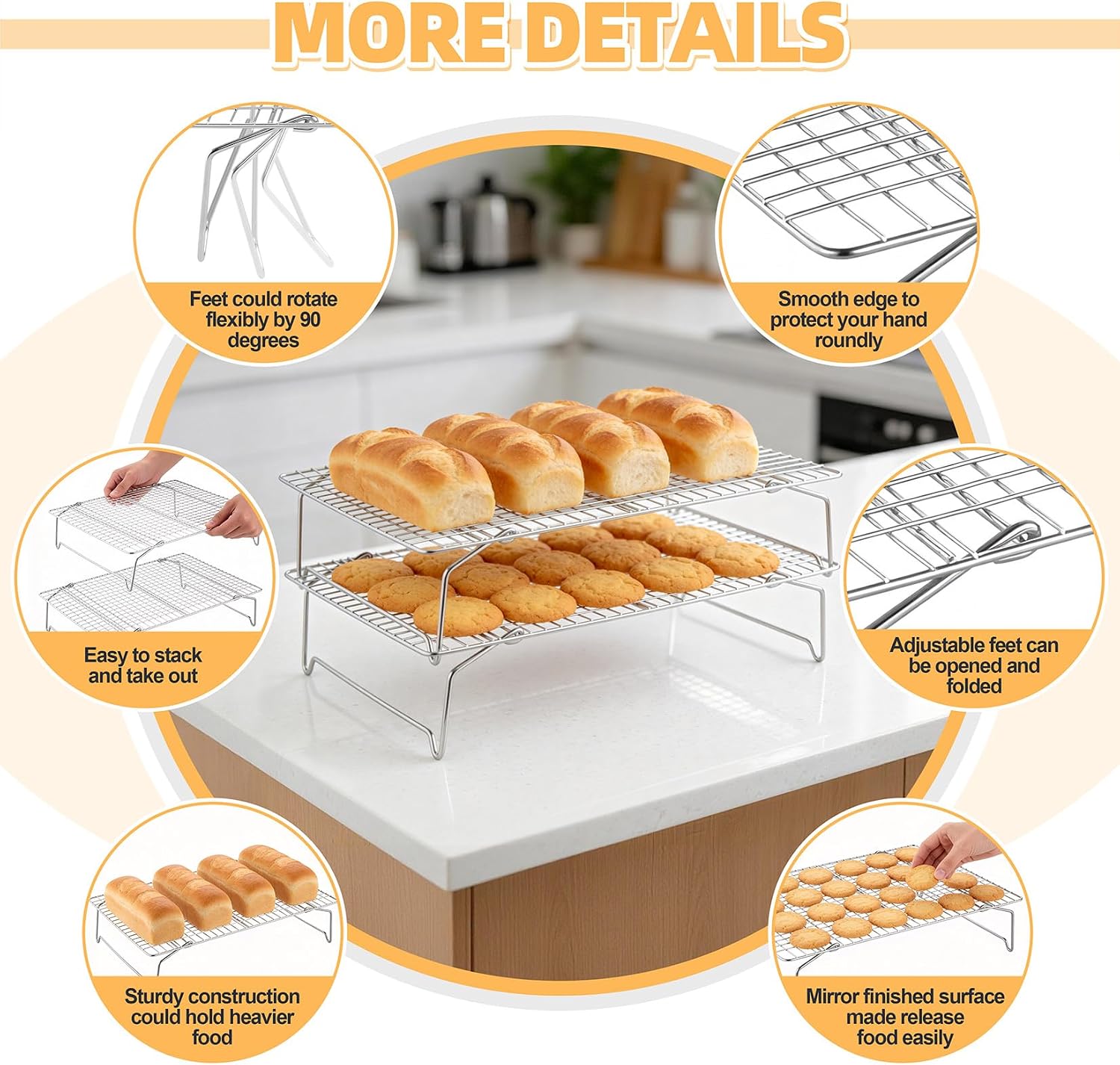 P&P CHEF 4 Tier Cooling & Baking Racks, Stainless Steel Stackable Grid Cooking Rack for Cooling Roasting Grilling, Collapsible & Heavy Duty, Oven & Dishwasher Safe, 15" x 10"