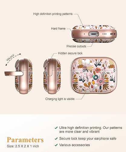 Miniatura 4 de TATOFY Funda con cerradura para Airpods Pro, funda rígida para iPod Pro de flores para mujeres y niñas con kit de limpieza de soporte para teléfono