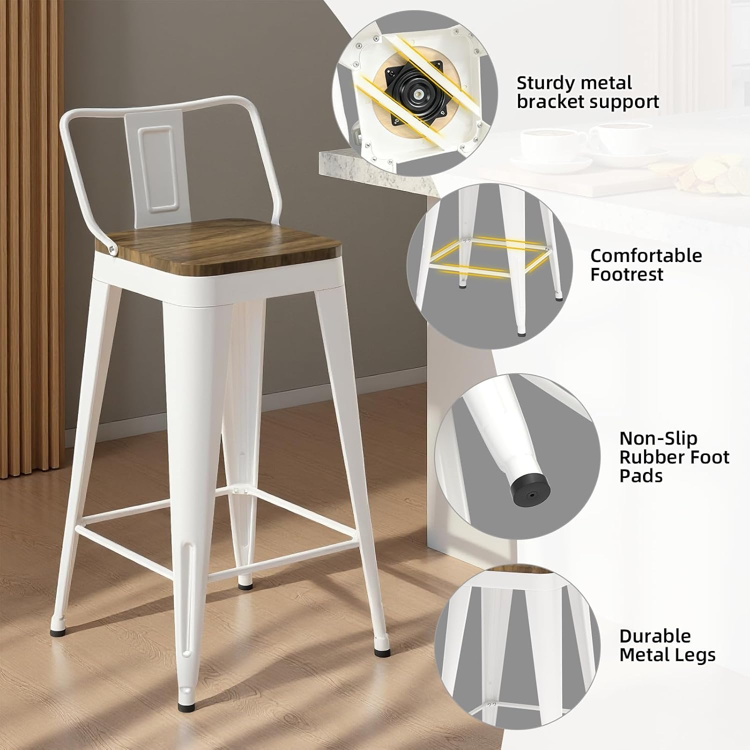 Swivel Bar Stools Set of 2, 24" Counter Height Barstools with Low Back, Industrial Metal Bar Stools with Large Wooden Seat for Kitchen Island (White)