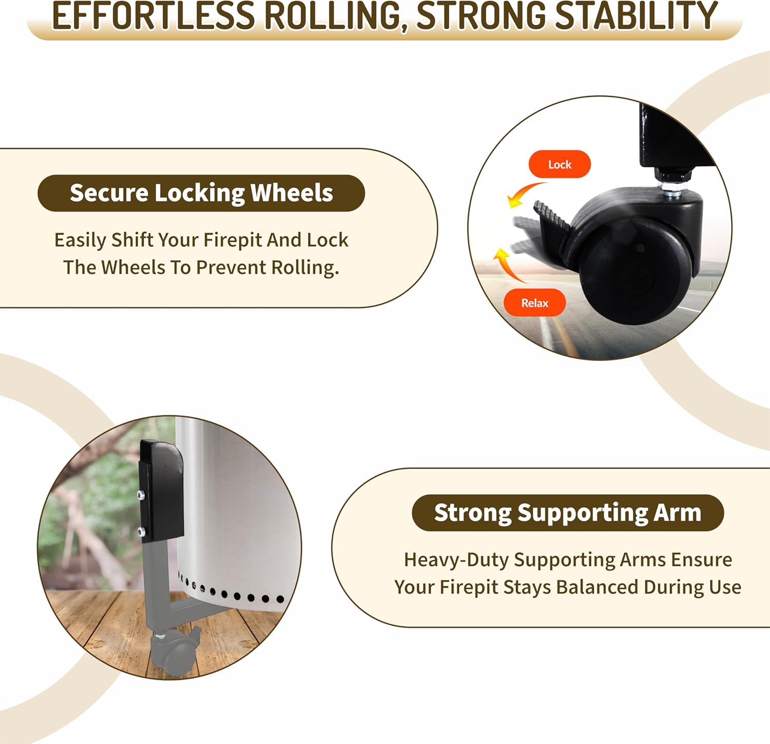 FEBTECH - 22" Portable Firepit Trolley Stand with Telescopic Handle – Firepit Stand For 19.5" Smokeless Firepit - Features Support Arm, Caster Wheels for Easy Firepit Mobility