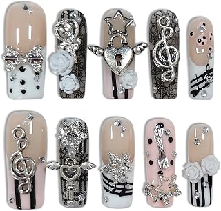 Y2K 3D Floral Press on Nails Medium Square Pink French Bow Lock(S) | Handcrafted pink French tips with 3D sculpted music notes, love lock, flowers & bows for everyday wear special occasions.