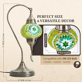 Yarra-Decor Turkish Moroccan Mosaic Table Lamp - 19 Tiffany Style Bedside Light with Bronze Base, 3 Color Options LED, Handmade Boho Accent Lighting (Green1)