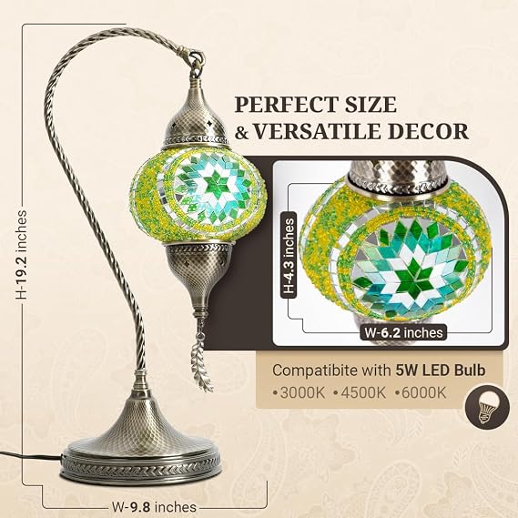 Yarra-Decor Turkish Moroccan Mosaic Table Lamp - 19 Tiffany Style Bedside Light with Bronze Base, 3 Color Options LED, Handmade Boho Accent Lighting (Green1)