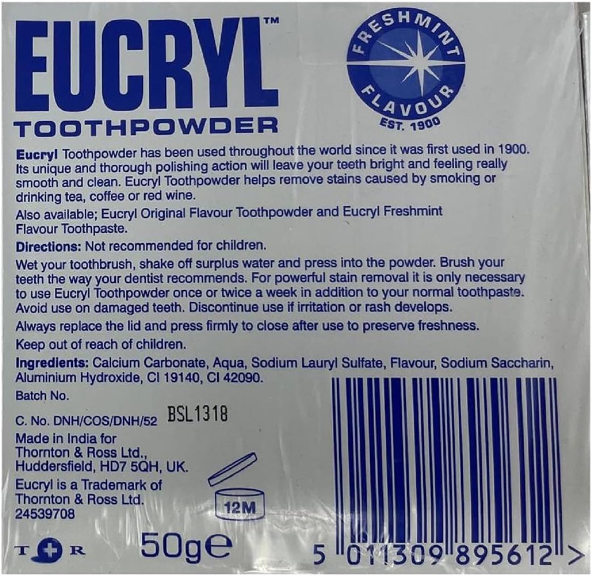 Eucryl Smokers Tooth Powder Freshmint Flavour (50g) - Pack of 2