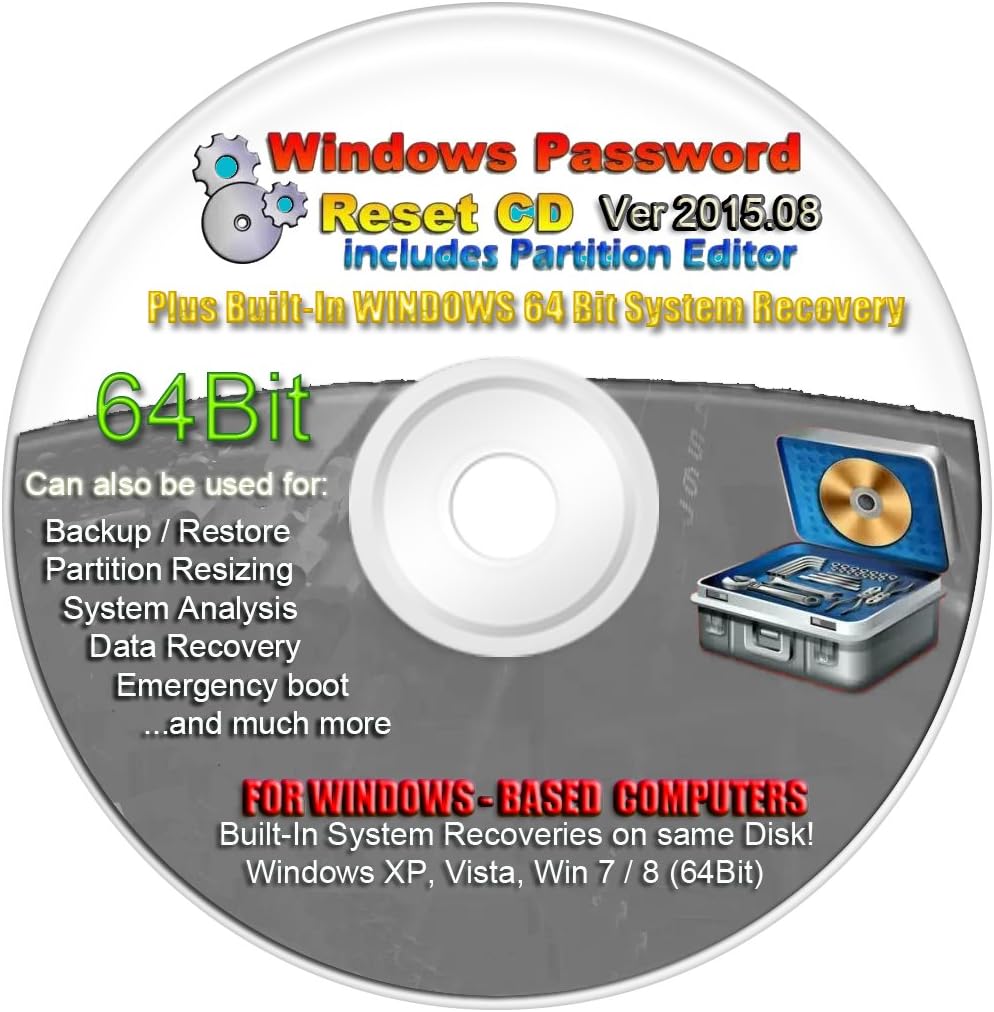 LATEST VERSION 2015.07 Recovery Boot Password Reset CD Plus for Windows XP, Vista, 7, 8 (All Versions of Windows)