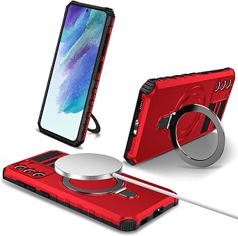 Mobile Phone Holder Case Compatible with Samsung Galaxy S21 FE, [Mobile Phone Holder] Matte Slim Shockproof Protective Phone Cover for Samsung S21 FE Military Cases Red