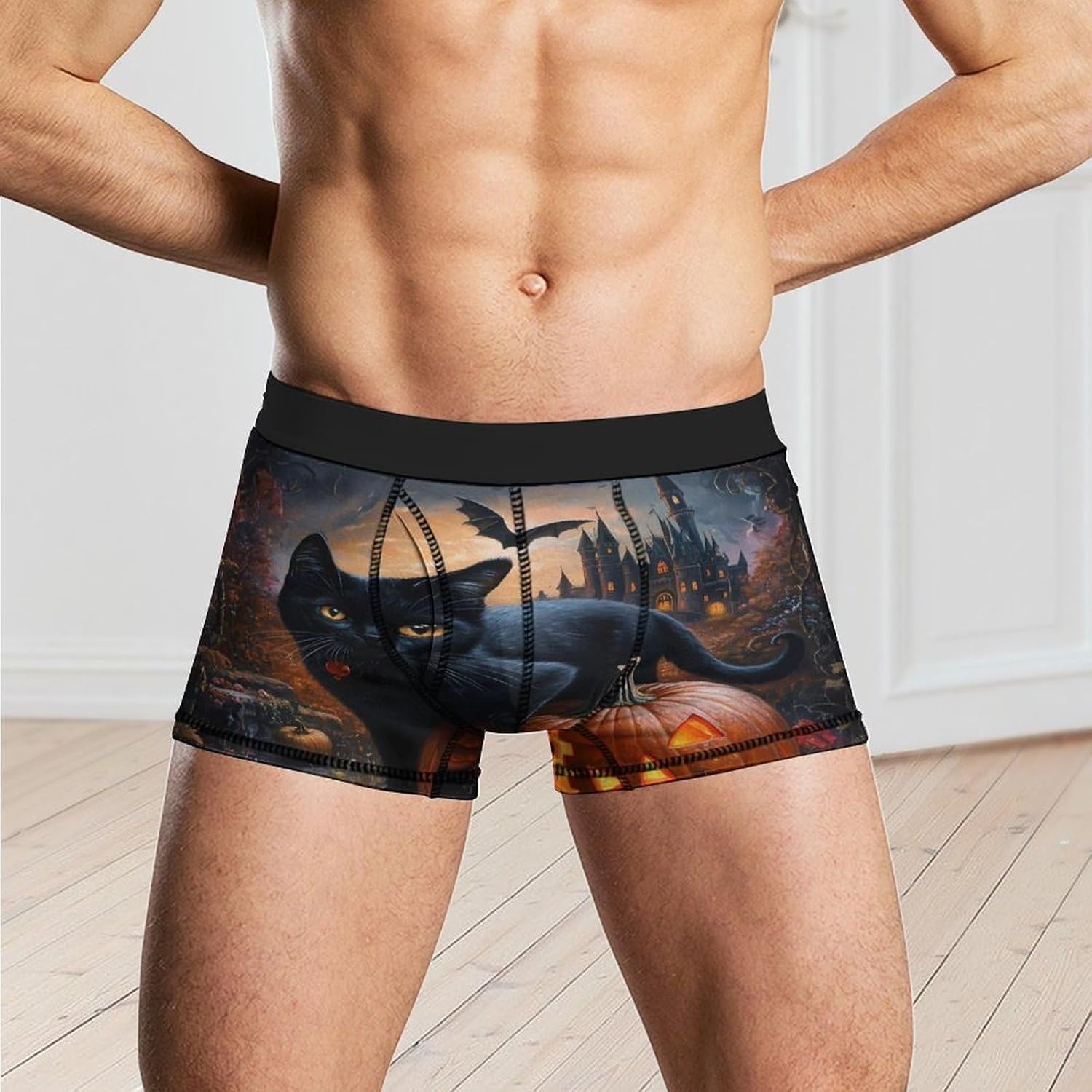 Halloween Pumpkin Black Cat Castle Mens Underwear Moisture-Wicking Boxer Briefs Breathable Shorts Underpants Trunks
