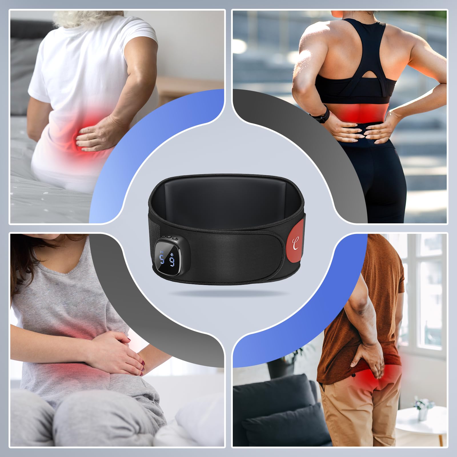 Comfytemp Wärmegürtel Rücken Massagegerät mit 15Wh Akku mit USB,9 Wärmestufen 5 Vibrationmoden Kontrolle per Knopfdruck und App, 20X155cm Kabellos Heizgürtel Abschaltautomatik Rückenwärmer