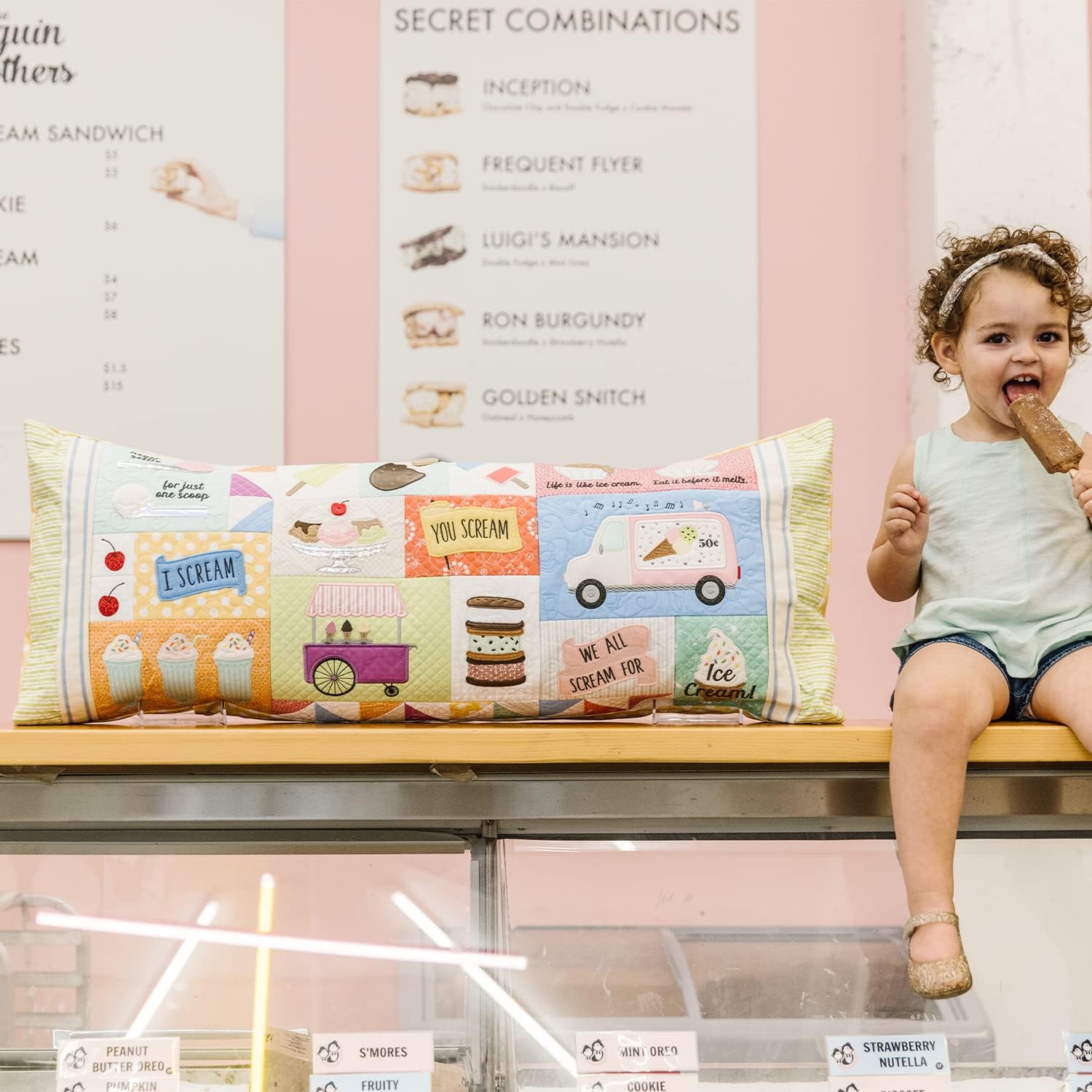 Kimberbell Two Scoops Bench Pillow - Machine Embroidery Design CD - 16" x 38" Pillow Pattern with Applique, Buttons & Embellishments – Fits 5x7+ Hoops, Fun Project for Machine Embroidery Fans