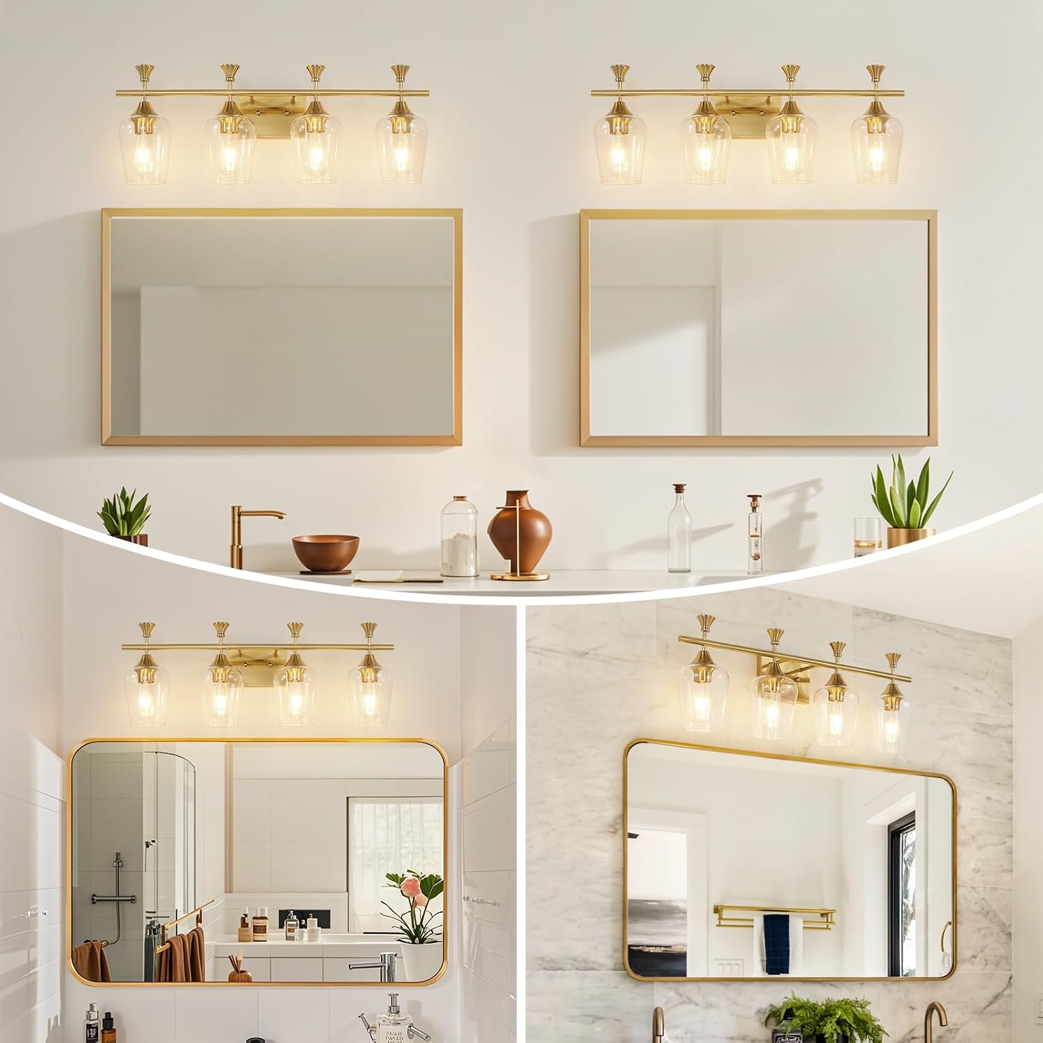 Bathroom Light Fixtures (4-Light, 29 Inch), Brushed Gold Vanity Lights for Bathroom with Clear Wine Glass Glass Shade, Modern Vanity Wall Lights for Mirror Bedroom Living Room Kitchen Hallway Porch