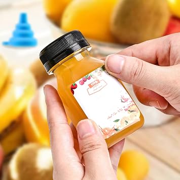 12pcs 4oz Mini Plastic Juice Bottles with Caps for Juicing & Smoothies, Reusable Empty Clear Bottles with Label, Funnel and Brush, Bulk Beverage Drink Containers with Lids for Mini Fridge, Milk, Water