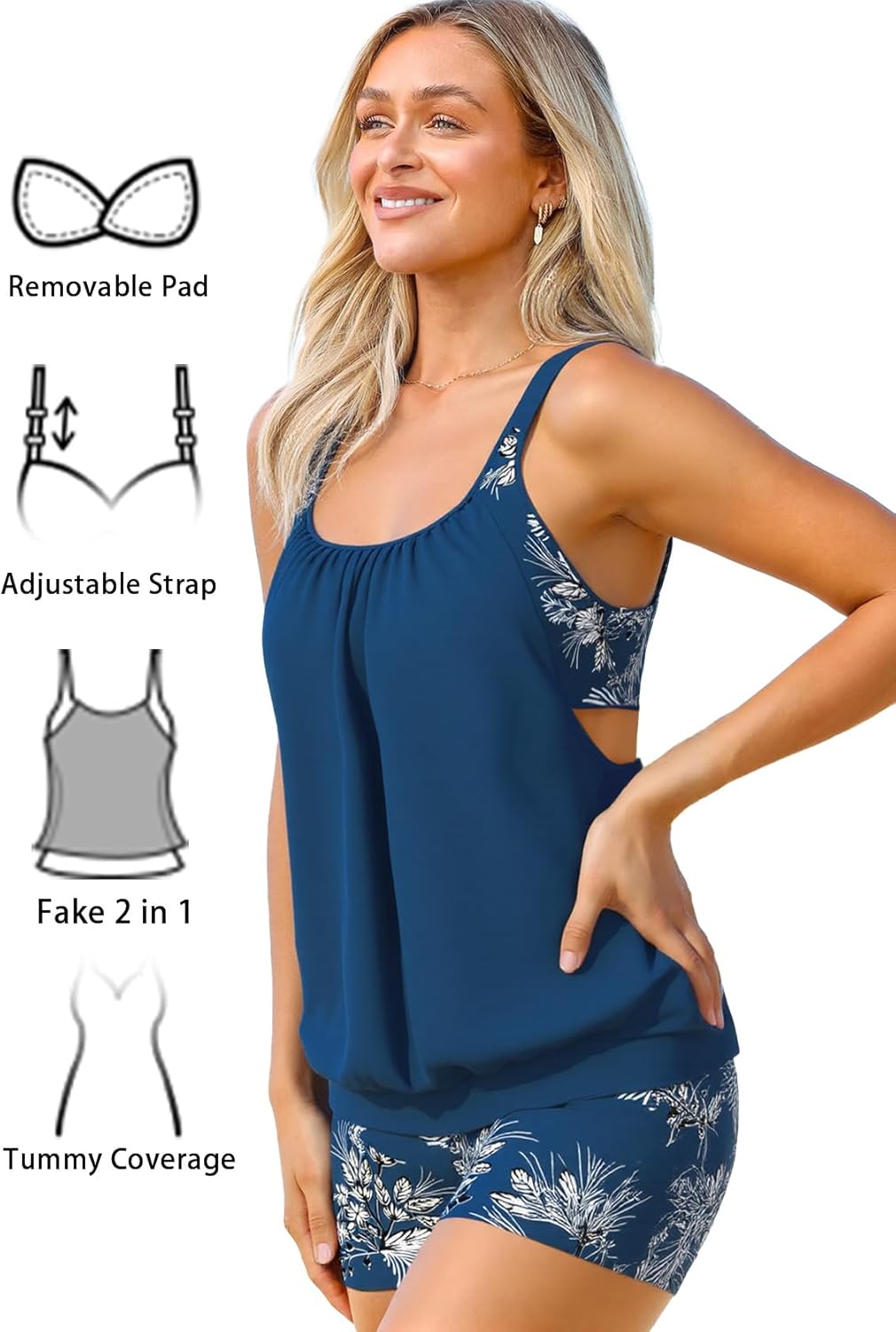 MODLILY Cut Out Tankini Swimsuits for Women, Two Piece Bathing Suits, Fake 2 in 1 Blouson Top with Boyshorts - Image 6