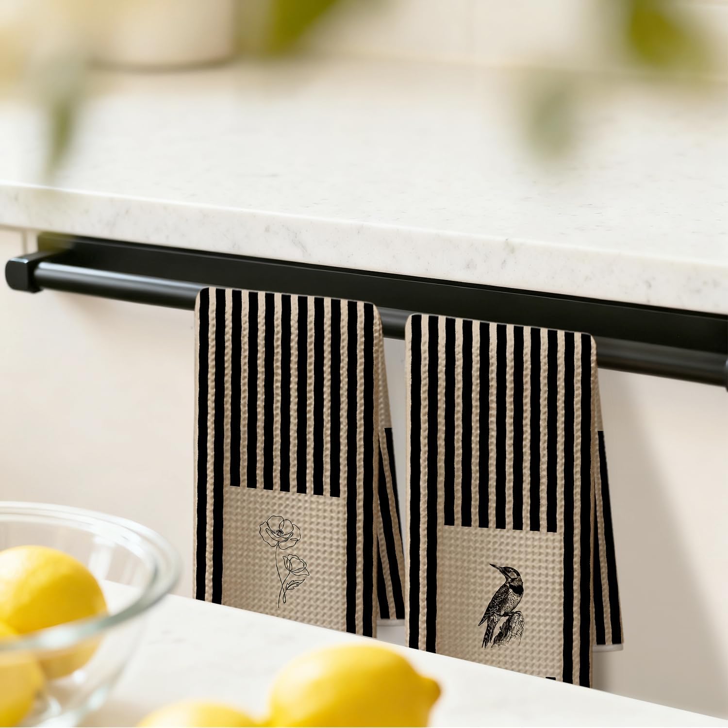 Floral Bird Decorative Bathroom Hand Towels Set of 2 - Black and Beige Striped Kitchen Dish Tea Towels, Spring Summer Decor for Bathroom Kitchen, Spring Summer Floral Bird Gifts