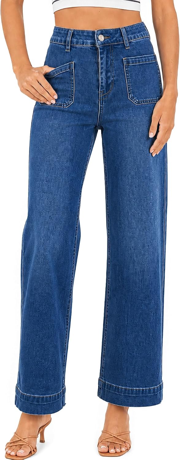 Women’s High Waisted Stretch Wide Leg Jeans Loose Fit Casual Denim Pants Trendy Flattering Jeans