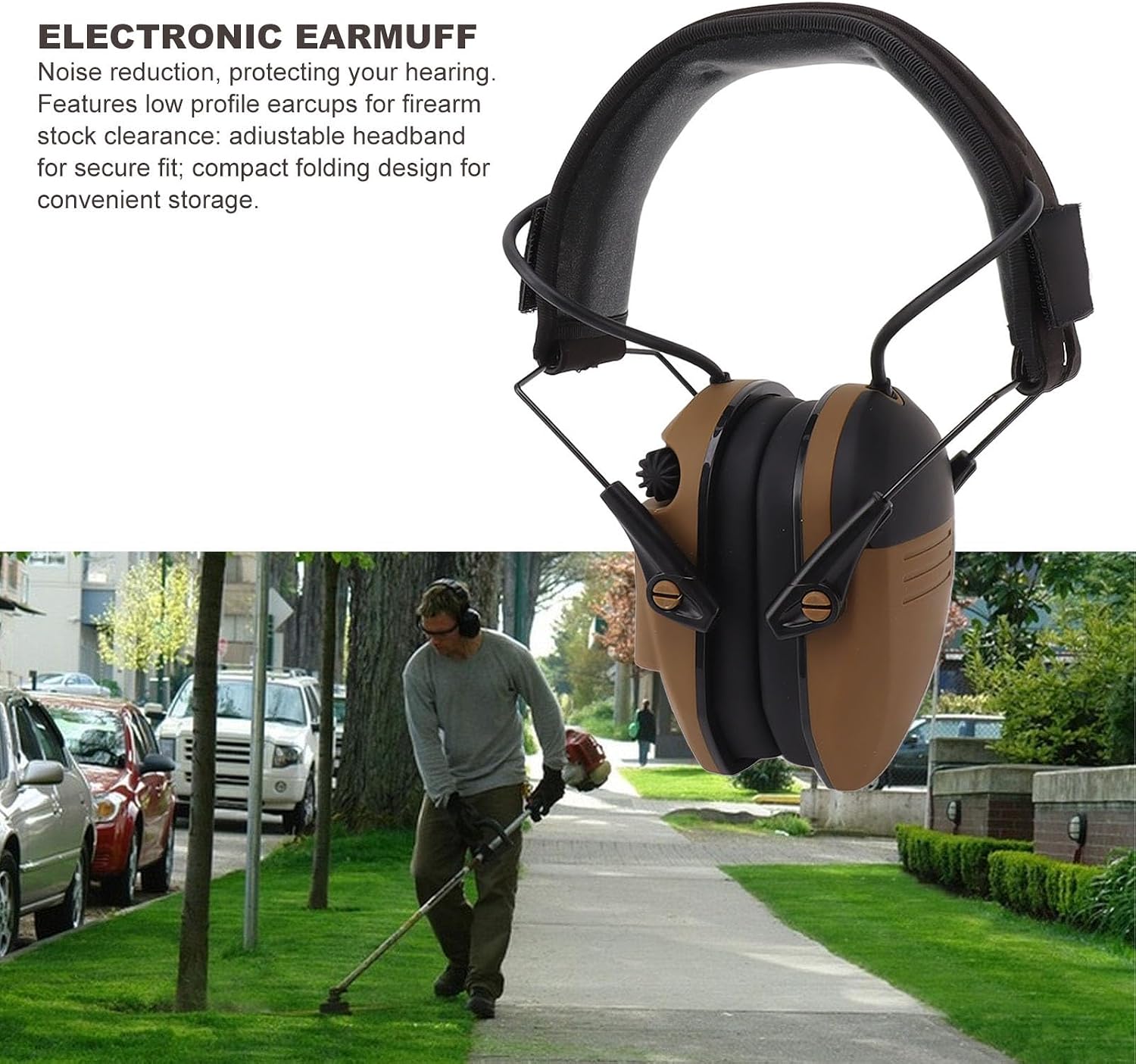 Fdit Noise Reduction Electronic Earphones, Built in Directional Microphone Safety Ear Muffs with Adjustable Headband for Mowing Field Use (Khaki)