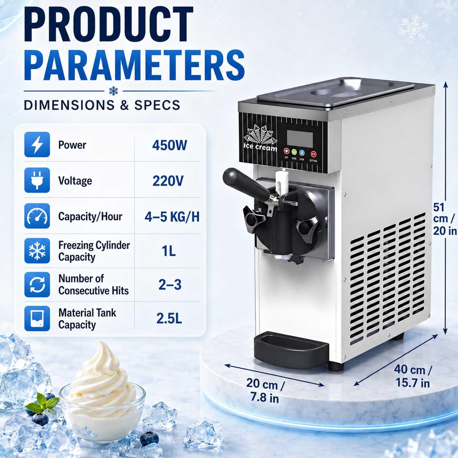 Macchina per gelato, 450 W, per servire dolcemente e servire in modo commerciale, 4-5 kg/ora, pannello touch LCD, pulizia con un pulsante, ideale per ristoranti e snack bar
