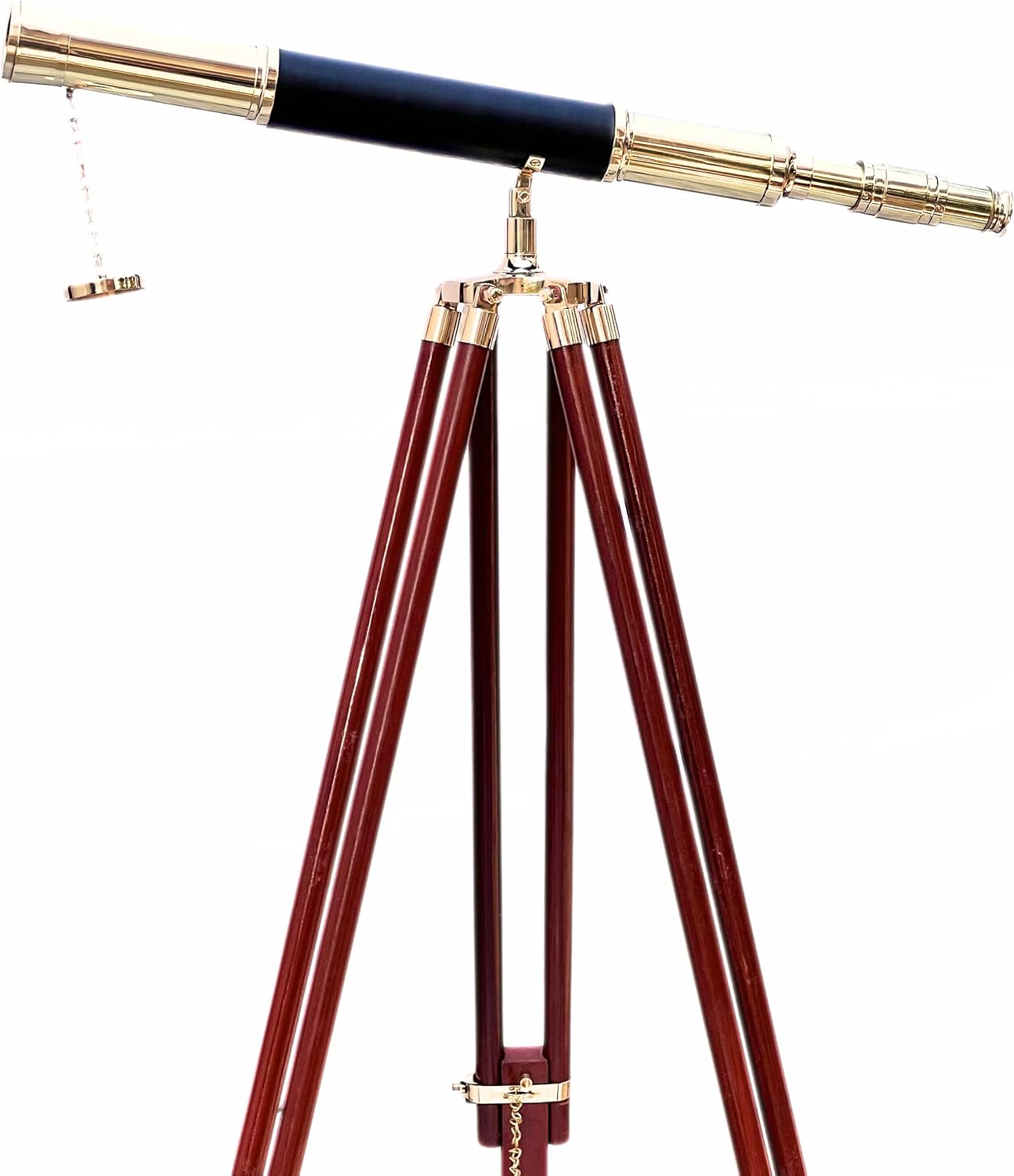 Vintage Shiny Brass Single Barrel Telescope with Black Leather & Brass Finish – Floor Standing Marine Navy Telescope – Designer Home Decor & Collectible Item