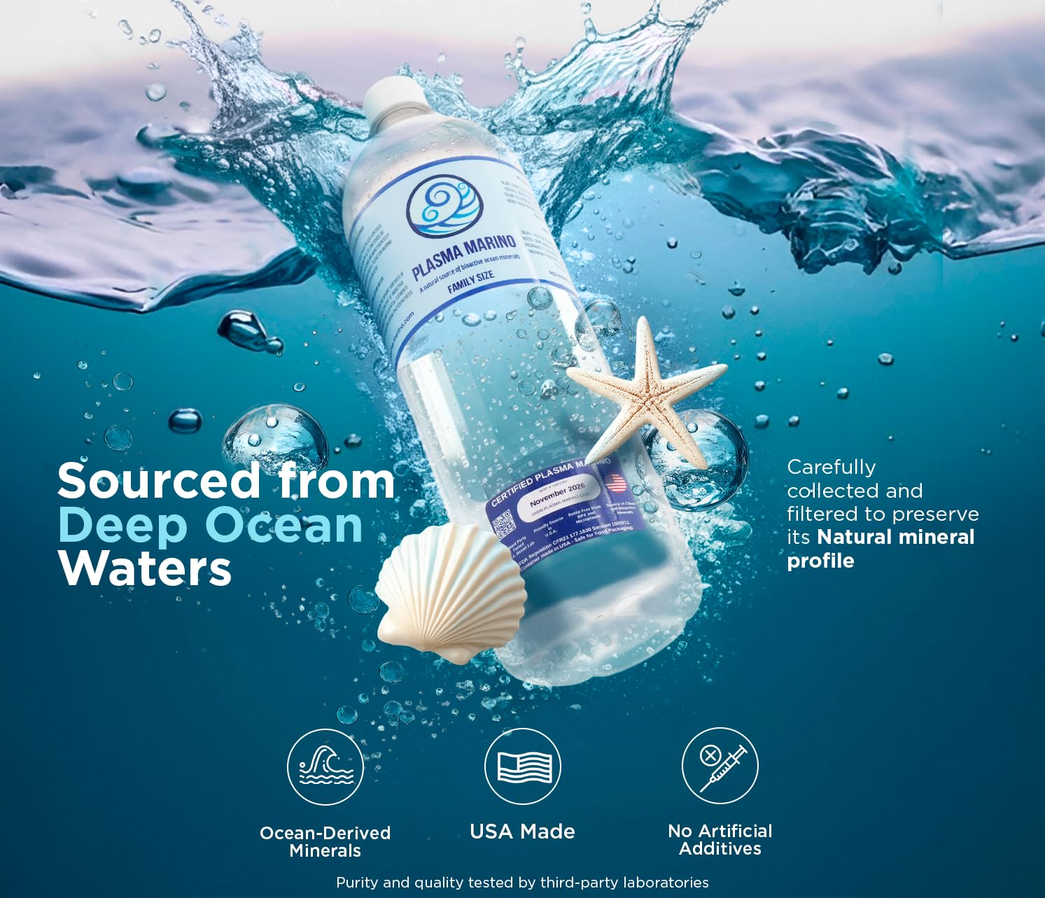 Plasma Marino Hypertonic Marine Liquid – Glass Bottle-Container, Bioactive Ocean Deep Sea Water from Atlantic Ocean Vortex, Mineral-Rich, Hydration, Electrolytes, Trace Minerals, Ocean Natural Mineral Concentrate, Glass Container 32 oz