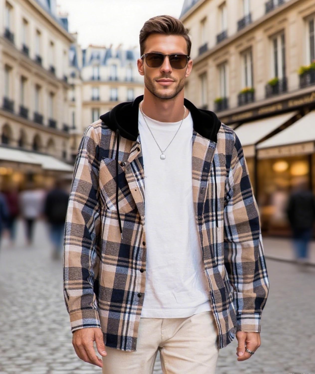 Mens Plaid Button-up Hoodies Loose Fit Long Sleeve Cotton Casual Tops Lightweight Hooded Flannel Shirt with Pockets - Image 2
