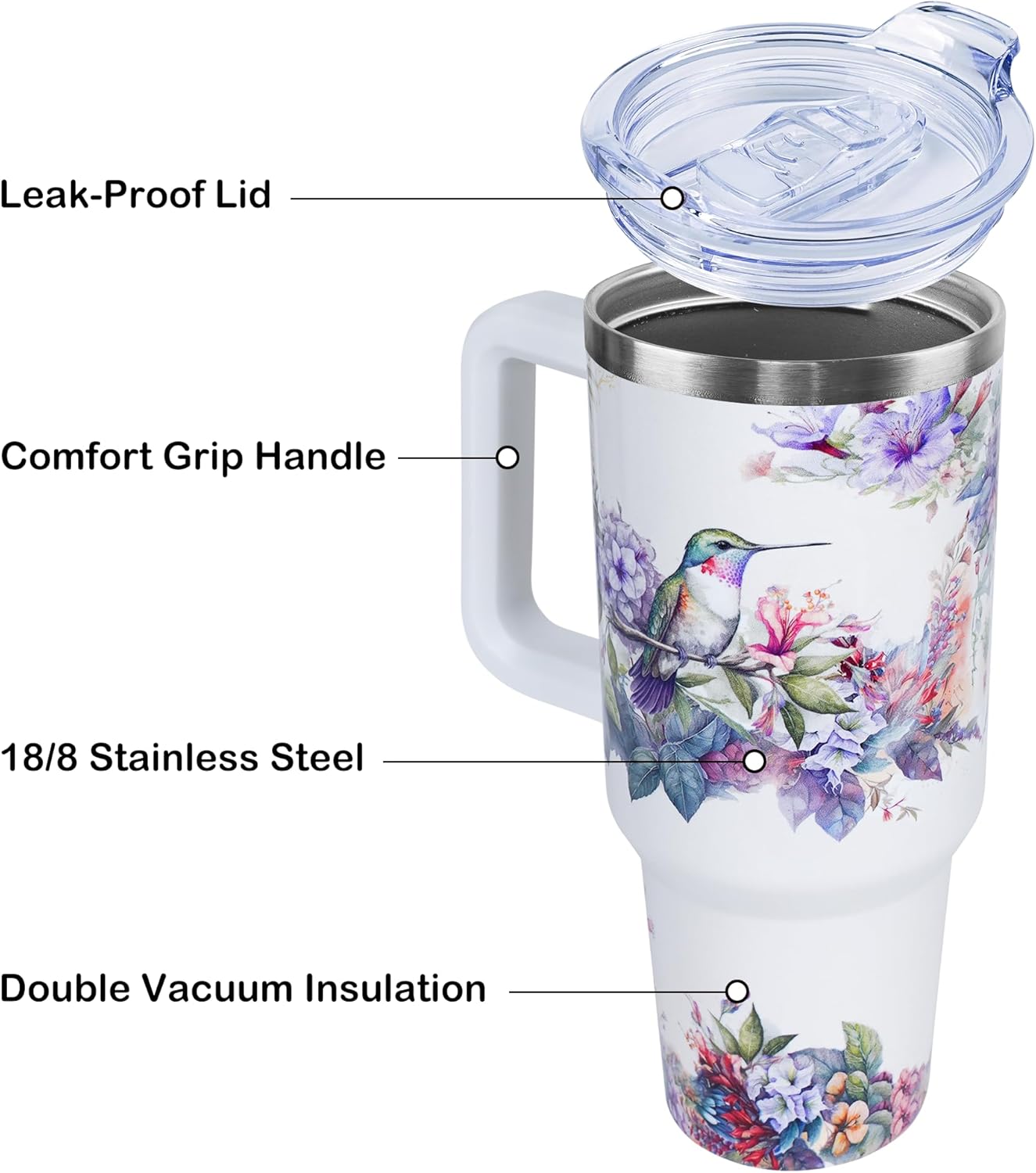 40 oz Cute Hummingbird Tumbler with Handle and Straw, Stainless Steel Insulated Cup with Lid and Straw, Travel Mug Water Bottle, Gifts for Women - Image 4