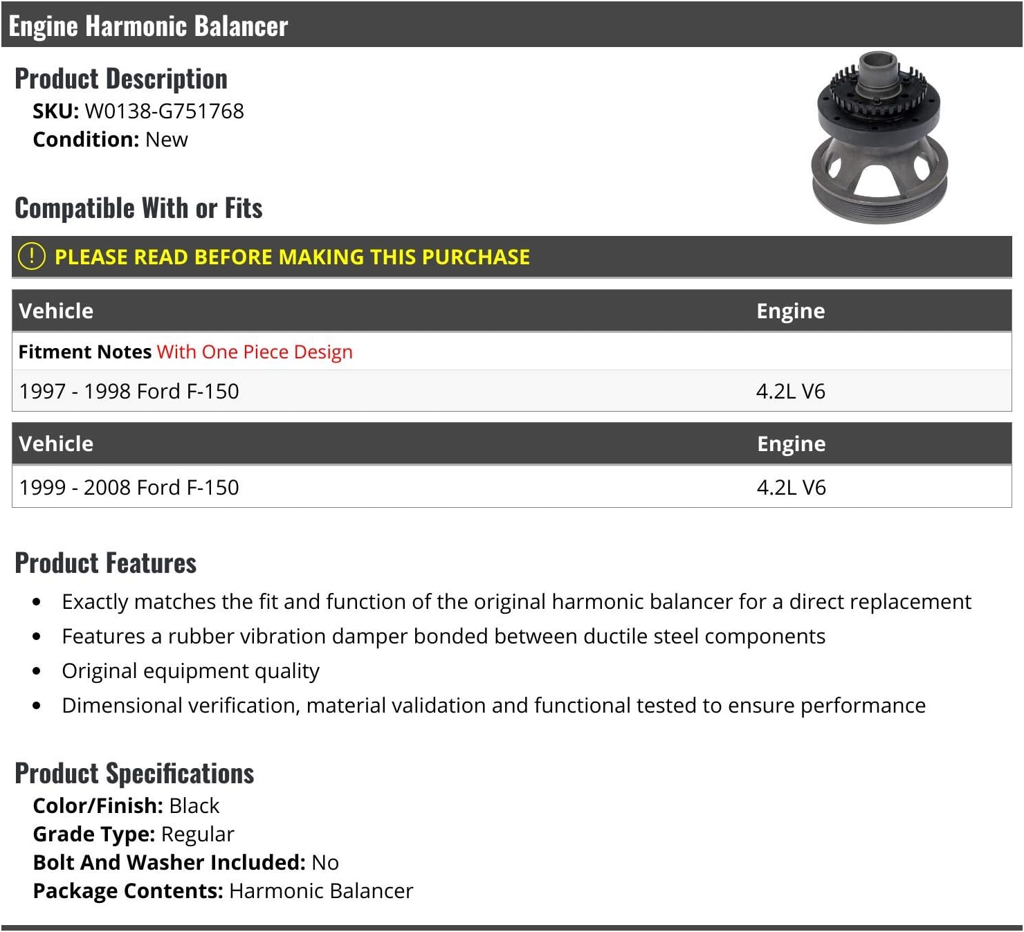 Marketplace Auto Parts Engine Harmonic Balancer - Compatible with 1997-2008 Ford F150 4.2L V6