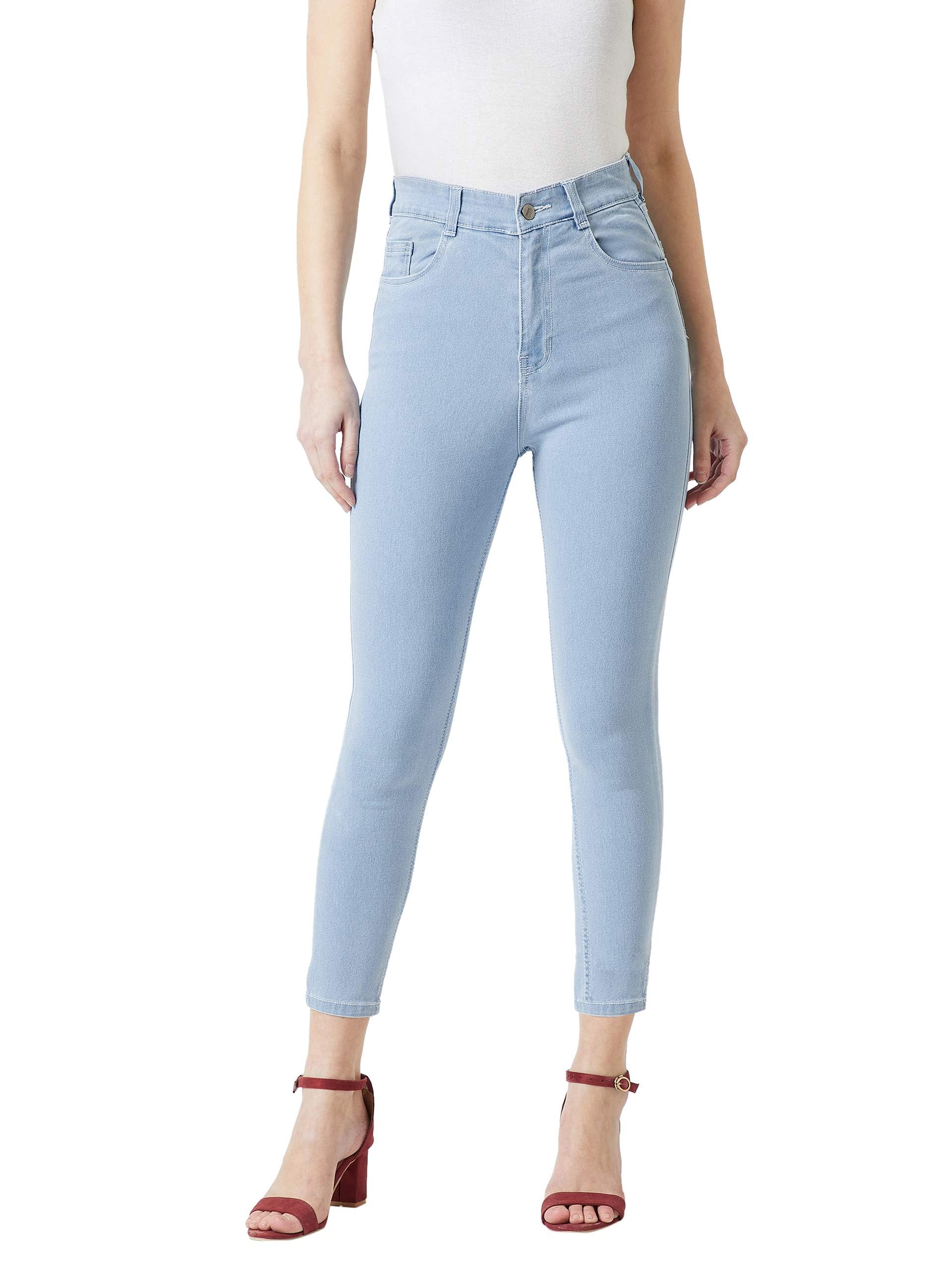 Women's Light Blue Skinny Fringed Hemline Detailing High Rise Clean Look Cropped Solid Stretchable Denim Jeans