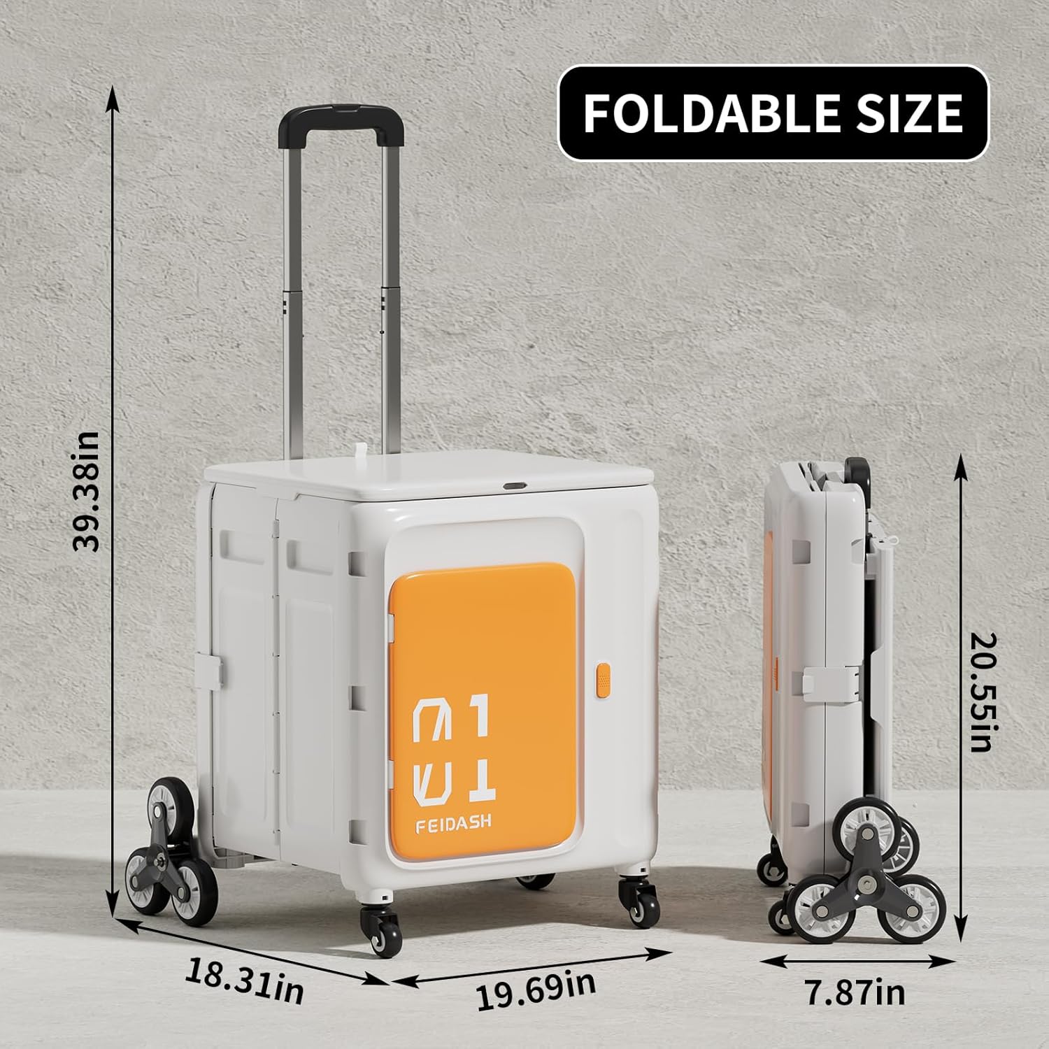 folding rolling utility cart with stair climbing wheels, heavy duty teacher cart with front opening, adjustable telescopic handle, expandable lid, for grocery, shopping, home, office orange stair climber