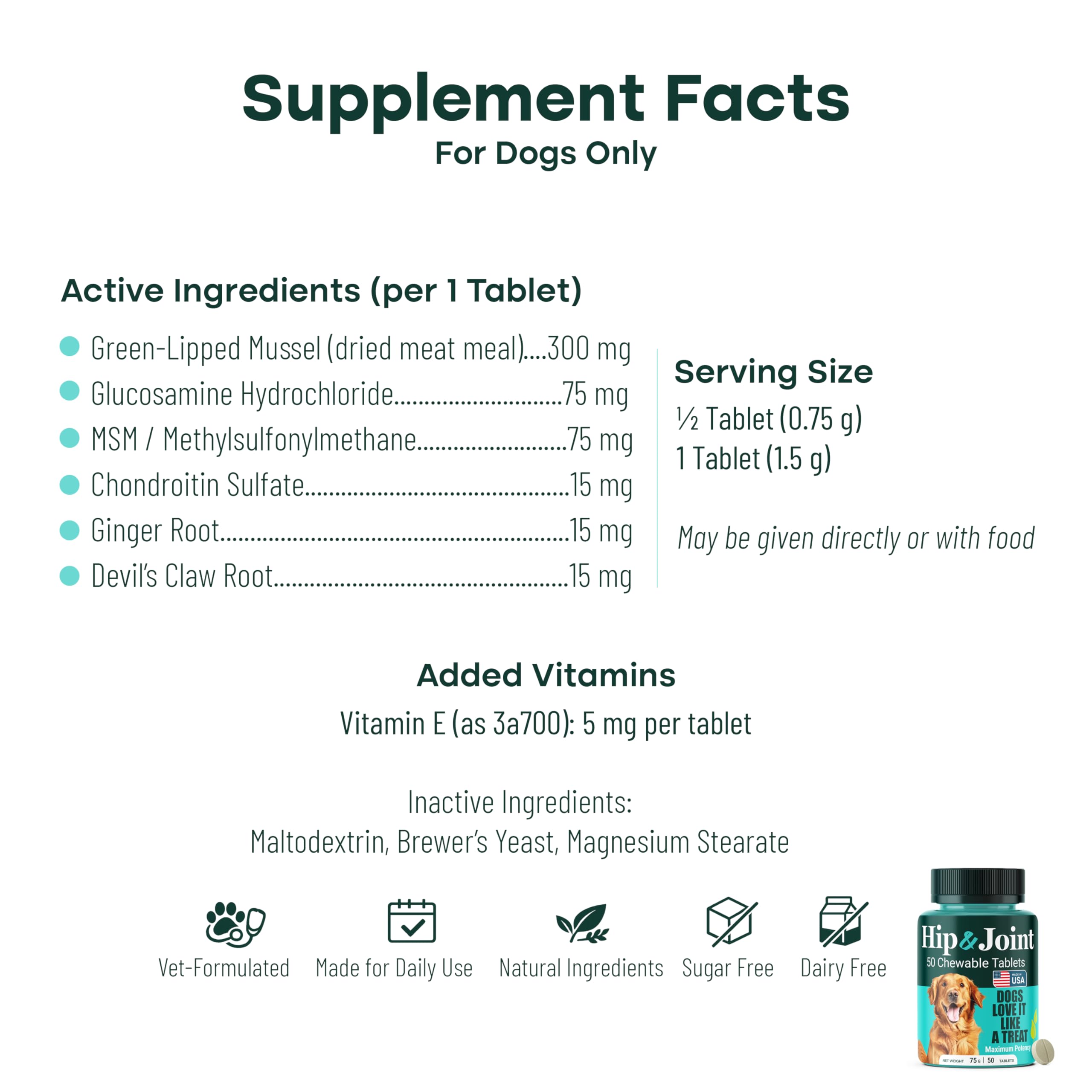 Natureflow Hip & Joint Supplement for Dogs, 300mg Green-Lipped Mussel for Dog Arthritis Pain Relief, Glucosamine, MSM & Chondroitin, Zero Sugar, Large Medium Small Breeds, 200 Chewable Tablets - image 5