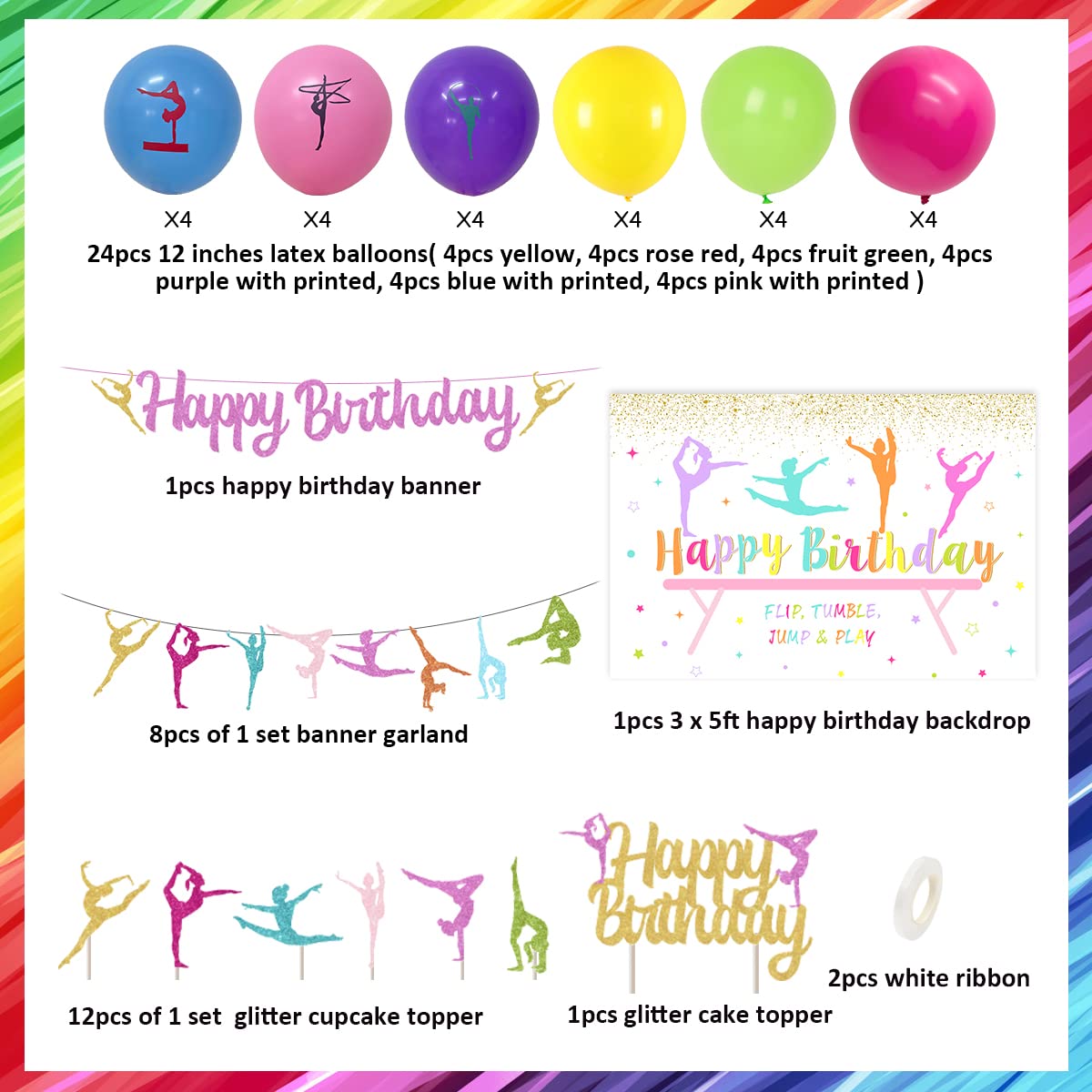 Happy Birthday dekoracje urodzinowe: baner Happy Birthday, balony i girlanda do ciast i babeczek o tematyce gimnastyki