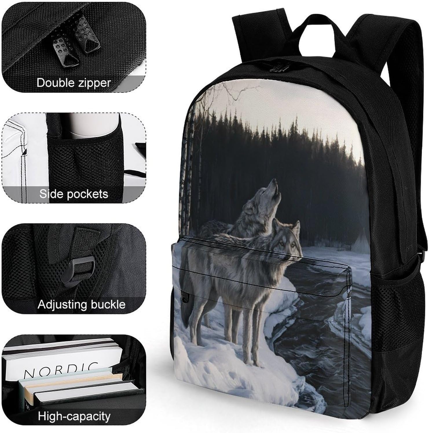 Gray Wolves Winter Snow River Backpack Lightweight Backpacks Work Bag