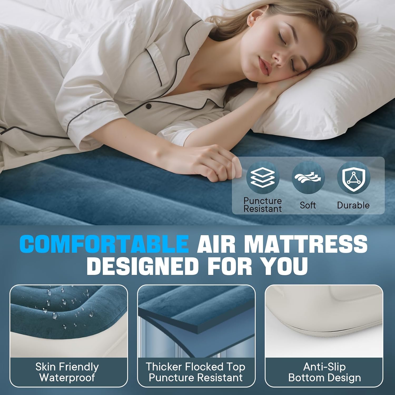 Twin Air Mattress with Built in Pump,Inflatable Mattress 2 Mins Self-Inflation/Deflation,Thicker Blow up Mattress Leak-Proof,Flocked Top Air Bed with Storage Bag for Home, Camping & Guests