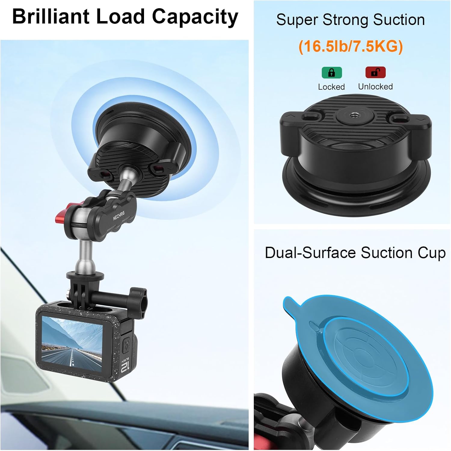 Versatile Camera Suction Cup Mount Kits with Mini Tripod& Phone Holder&Tripod Mount Adapter-360°Rotating &1/4" Screw/Dual Cold Shoe Compatible with 13/12/X4/X3 Action Camera/Cellphone,JC020