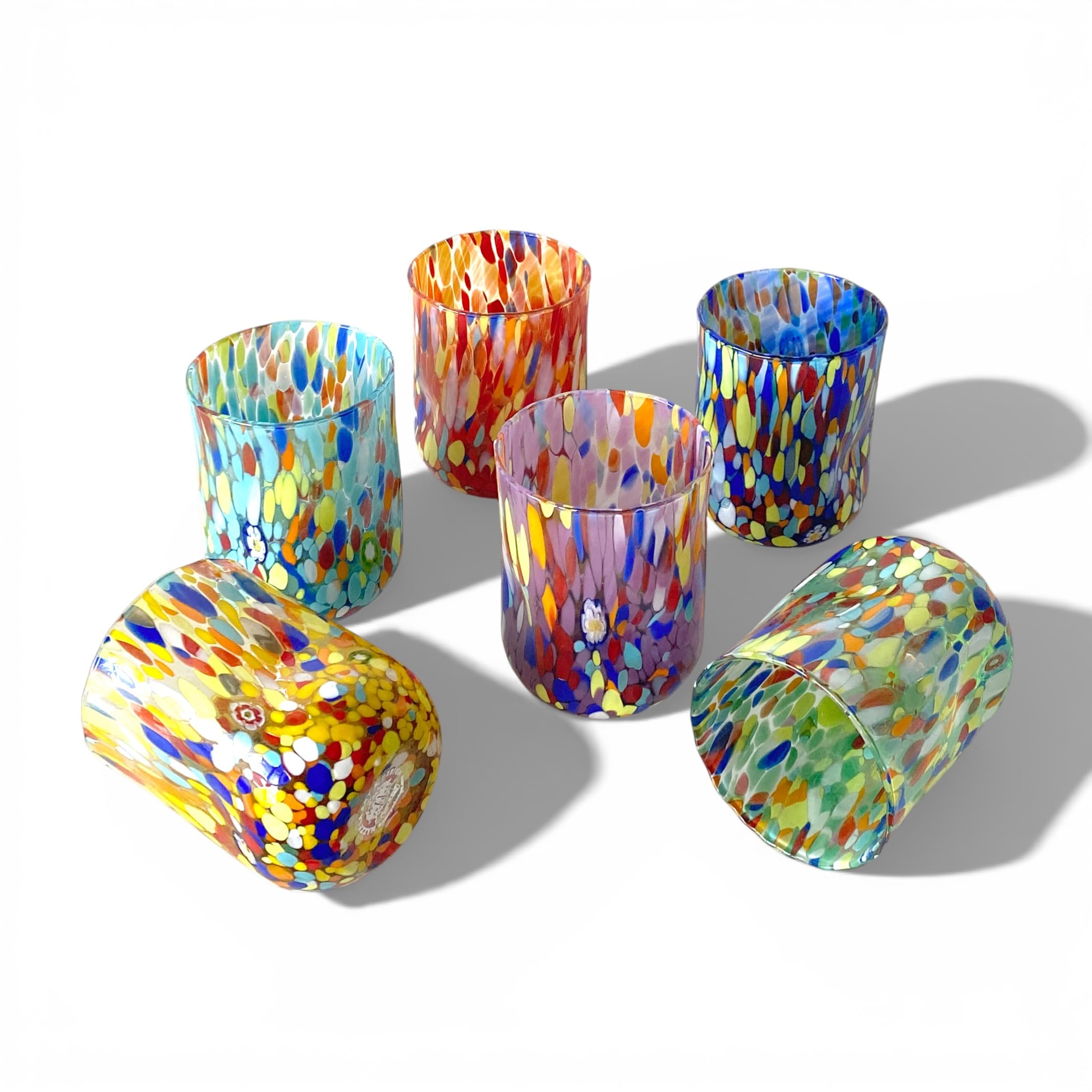 MAZZEGA ART & DESIGN - 6 Bicchieri Cilindro Accartocciato Classic, in Vetro Soffiato, Lavorato a Mano, con Murrine di Murano, linea “I Colori di Murano” 400 ml. Made in Italy (6, MIX)