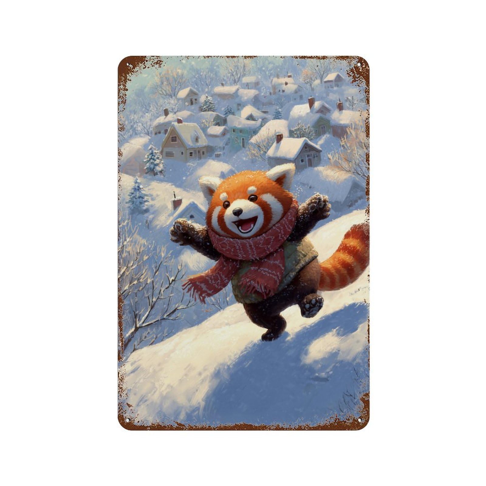 Red Panda Winter Fun Rusty Metal Tin Sign 11.8"x7.9", for Shed, Workshop And Garage Wall Decor, Novelty Wall Decor