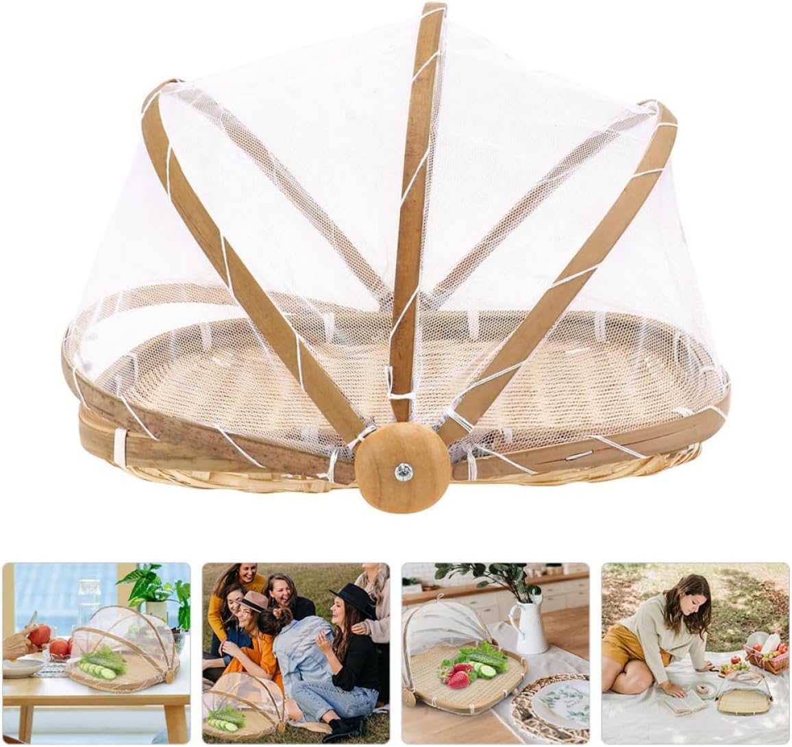 SECFOU Hand-woven Bread and Fruit Basket with Mesh Cover, 33cm Square Traditional Dustproof Serving Tray for Kitchen and Outdoor Use
