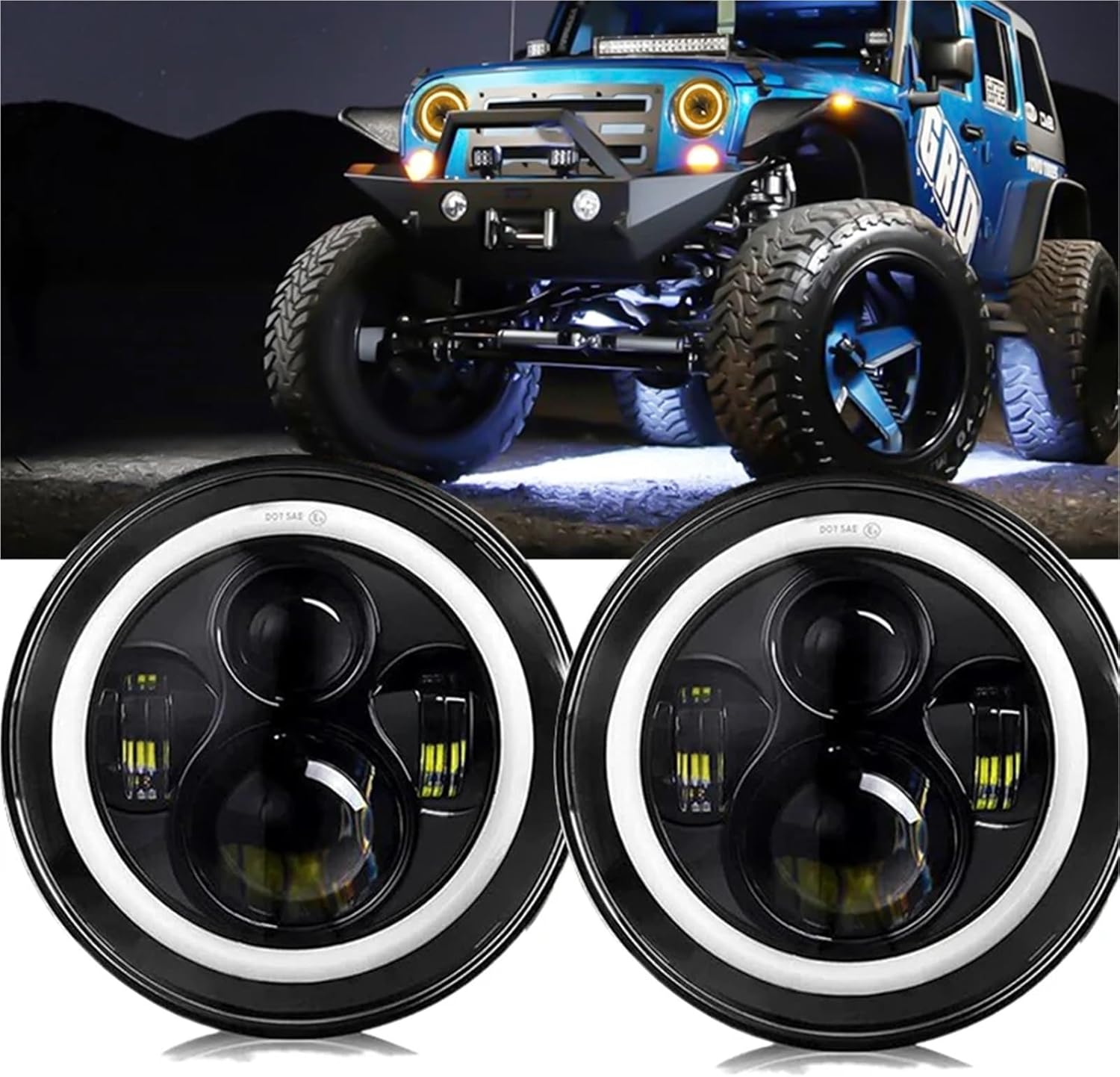 LED HeadLight Bulbs 7inch Round Motorcycle HeadLamp Angle Eyes Turn Signal Compatible With Lada Niva Urban Offroad 4x4 Motorcycle Parts(2PCS BLACK)