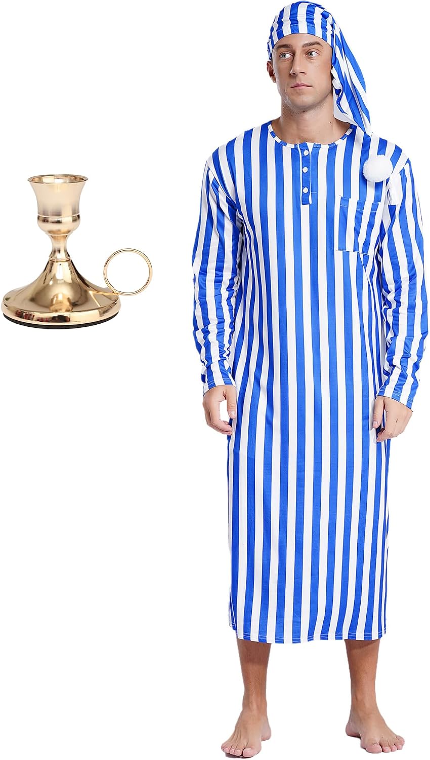 FEESHOW Mens Striped Sleep Dress Set Loose Pajama Robe Pointed Hat & Metal Candle Holder for Party