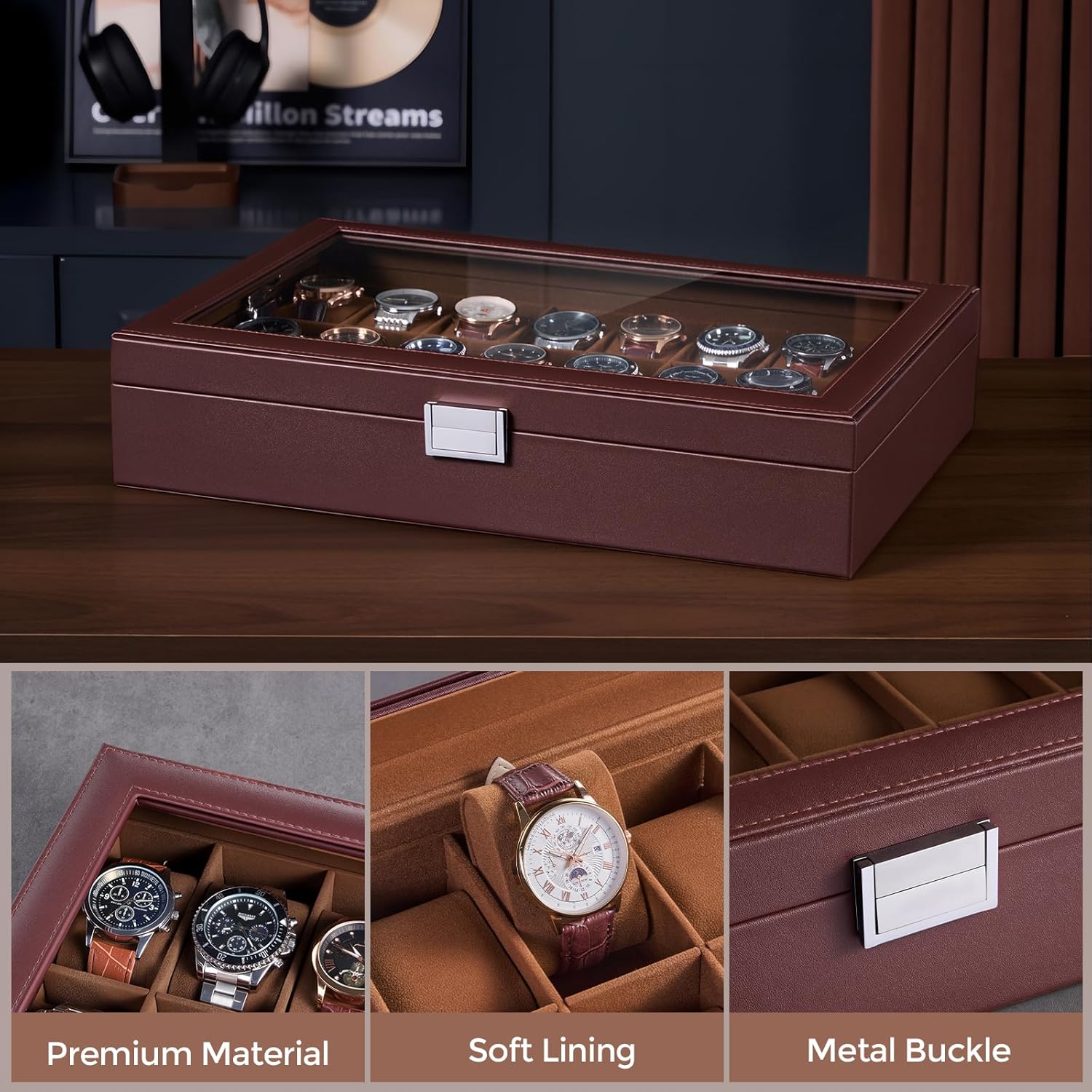 ProCase Watch Box for Men, 24 Slot Display Case with Real Glass Lid and Removable Pillows, Premium Storage Holder Organizer for Watch Collectors Valentine's Day -24 Slot, Dark Brown