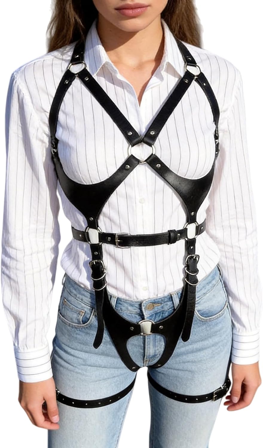 Women's Gothic Punk Body Harness With Adjustable Metal O-Rings & Buckles, PU Leather Chest Straps And Thigh Garters, Lingerie for Couples Cosplay, Club Party Costume, Black