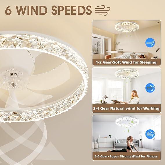 NIORSUN 50CM LED Ceiling Fan with Lights and APP Remote, Dimmable Low Profile Ceiling Fans, Flush Mount Ceiling Fan, Stepless Color Temperature Change and 6 Speeds（White） [Energy Class C]