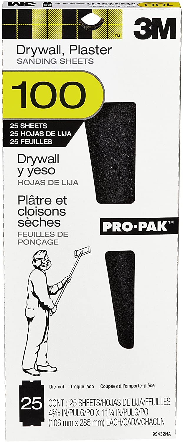 3M Pro-Pak - Hojas de lija para yeso (10,6 x 28,6 cm, grano 100, 25 unidades, 250 en total (99432NA)
